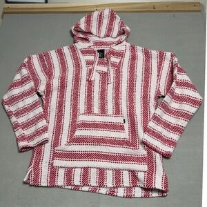 Baja Billys Red White Striped Drug Rug Hoodie Mexican Poncho Mens XL